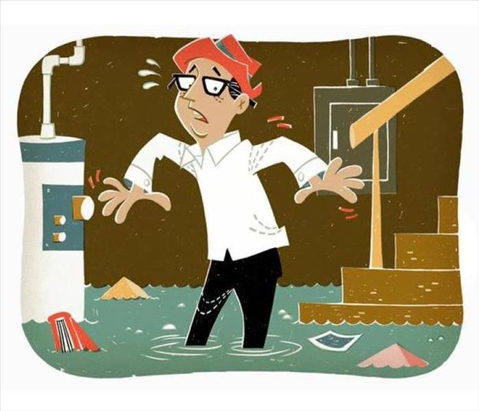 cartoon man in flooded basement